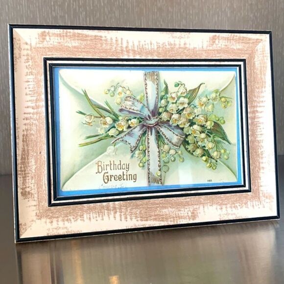 1900s Vintage Birthday Greeting Postcard Framed Victorian Era Card, Wood Frame - Picture 2 of 7